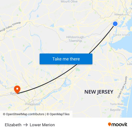 Elizabeth to Lower Merion map