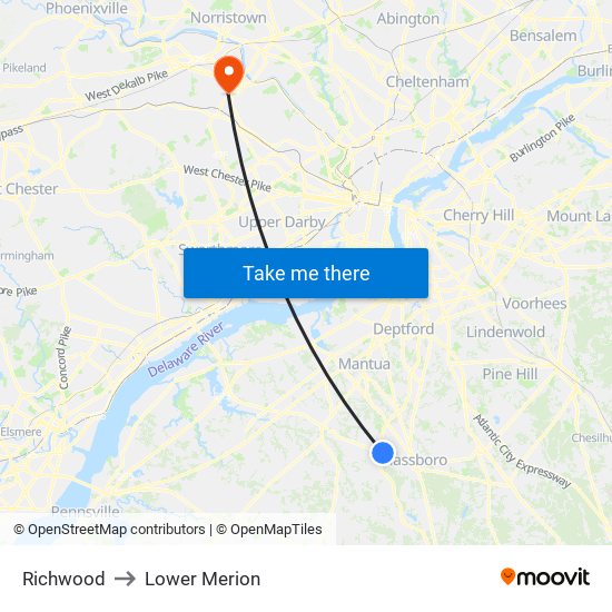 Richwood to Lower Merion map