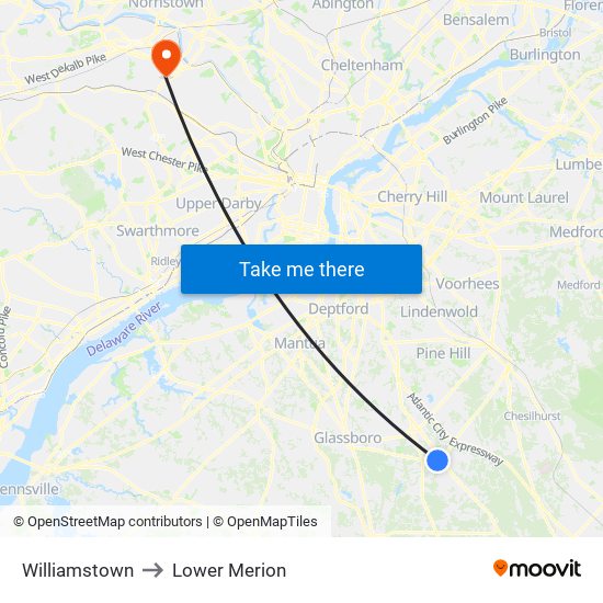 Williamstown to Lower Merion map