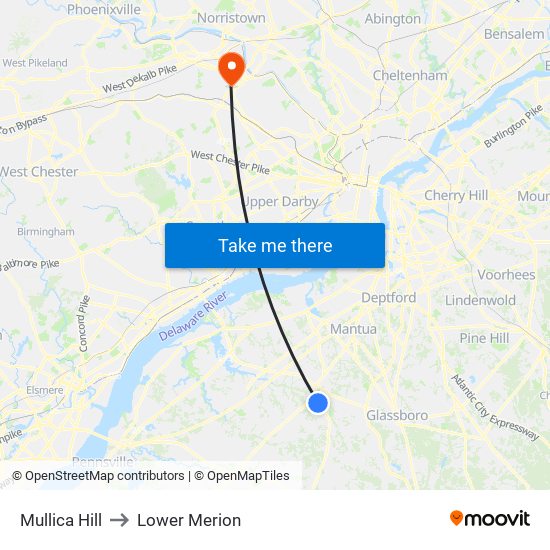 Mullica Hill to Lower Merion map