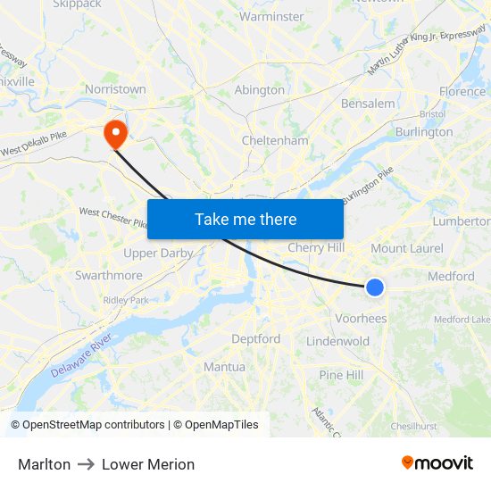 Marlton to Lower Merion map