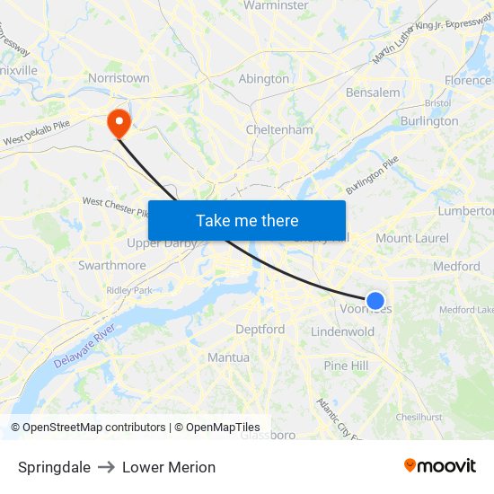 Springdale to Lower Merion map