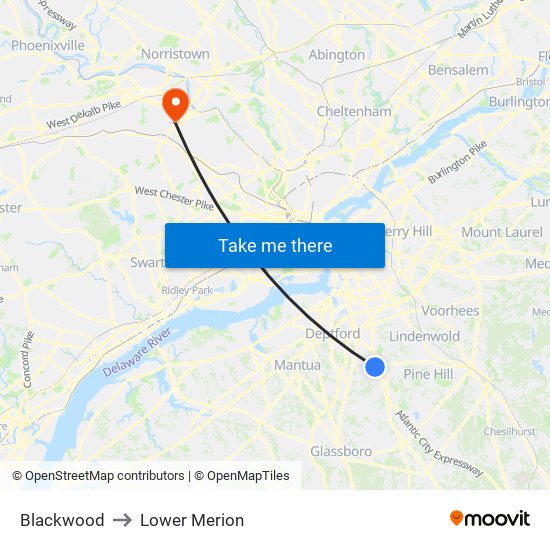 Blackwood to Lower Merion map