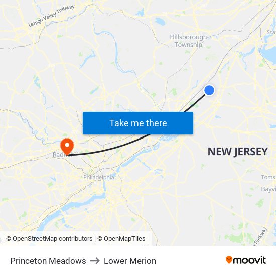 Princeton Meadows to Lower Merion map