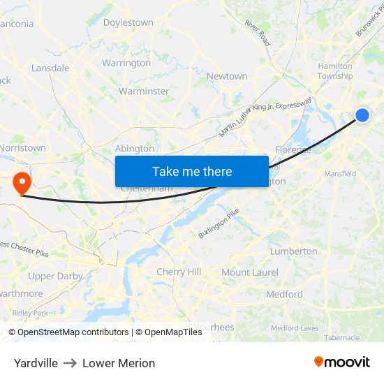 Yardville to Lower Merion map