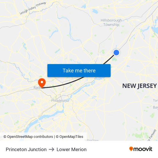 Princeton Junction to Lower Merion map