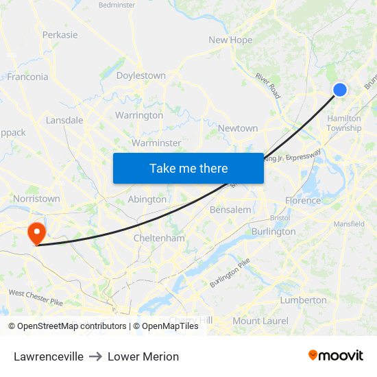 Lawrenceville to Lower Merion map