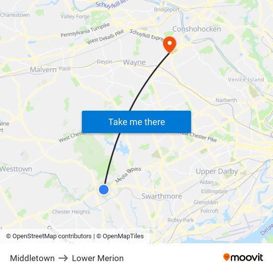 Middletown to Lower Merion map
