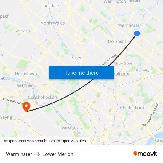 Warminster to Lower Merion map