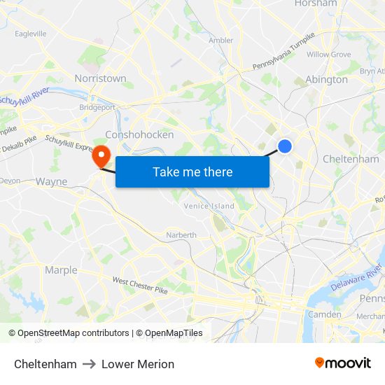 Cheltenham to Lower Merion map