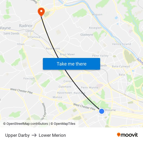 Upper Darby to Lower Merion map