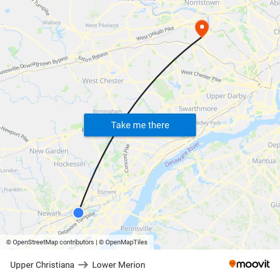 Upper Christiana to Lower Merion map