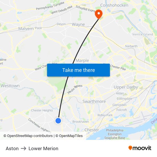 Aston to Lower Merion map