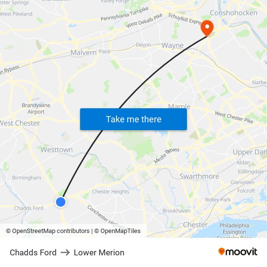 Chadds Ford to Lower Merion map