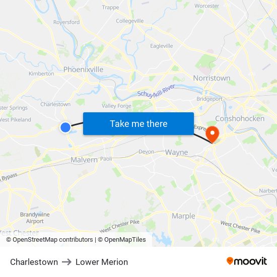 Charlestown to Lower Merion map