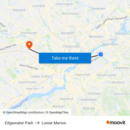 Edgewater Park to Lower Merion map