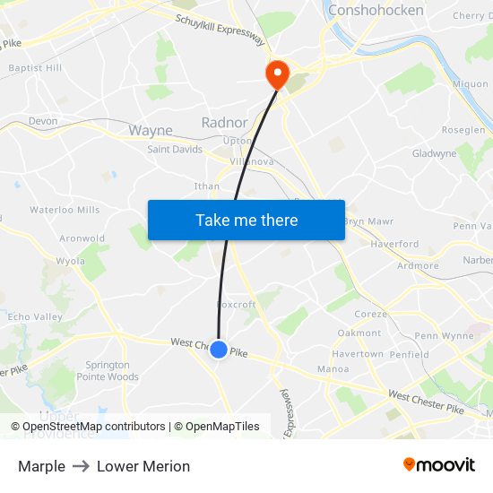 Marple to Lower Merion map