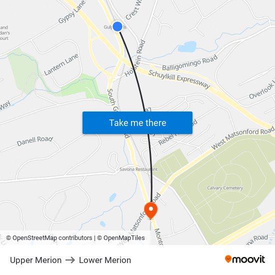 Upper Merion to Lower Merion map