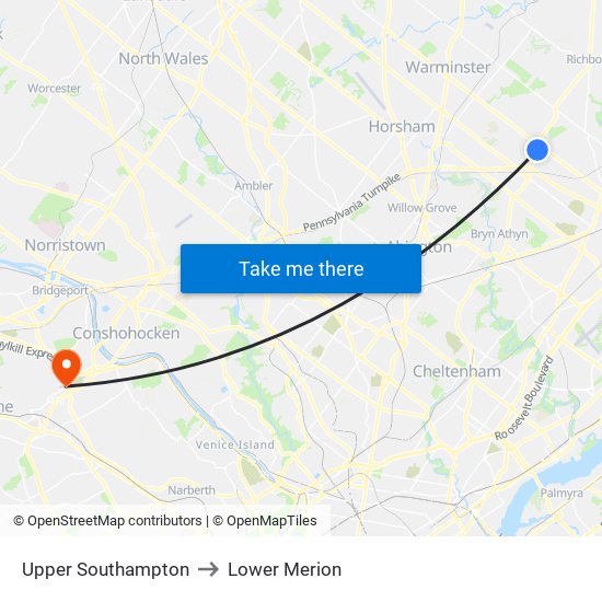 Upper Southampton to Lower Merion map