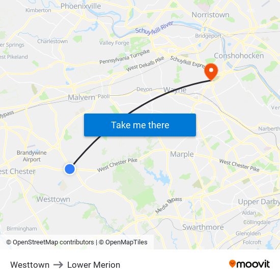 Westtown to Lower Merion map