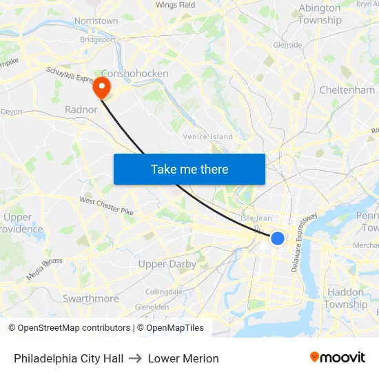 Philadelphia City Hall to Lower Merion map