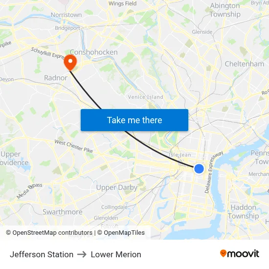 Jefferson Station to Lower Merion map