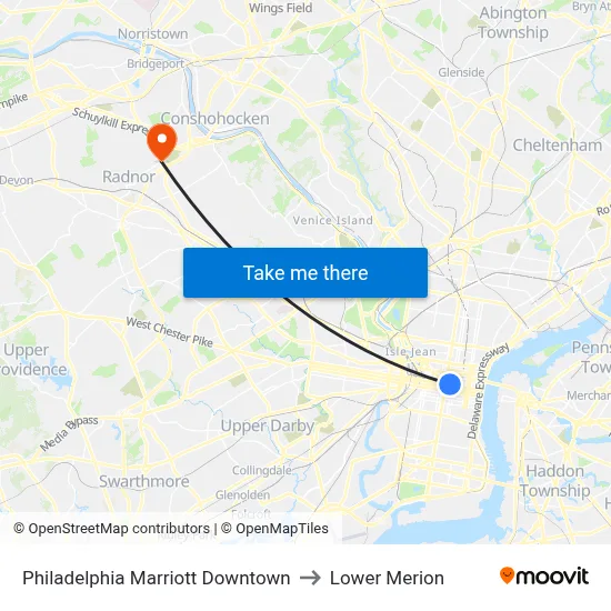Philadelphia Marriott Downtown to Lower Merion map