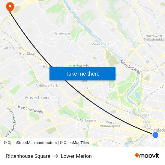 Rittenhouse Square to Lower Merion map