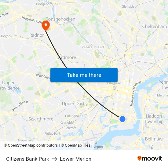 Citizens Bank Park to Lower Merion map