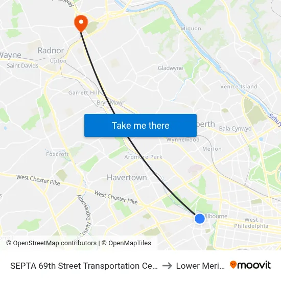 SEPTA 69th Street Transportation Center to Lower Merion map