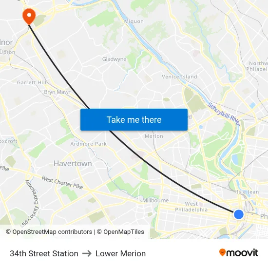 34th Street Station to Lower Merion map