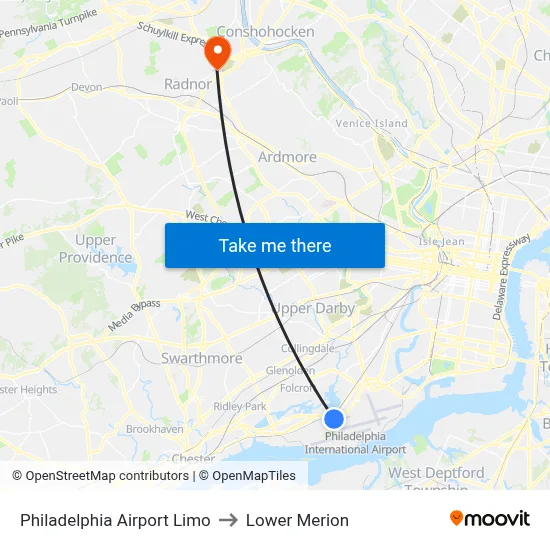 Philadelphia Airport Limo to Lower Merion map
