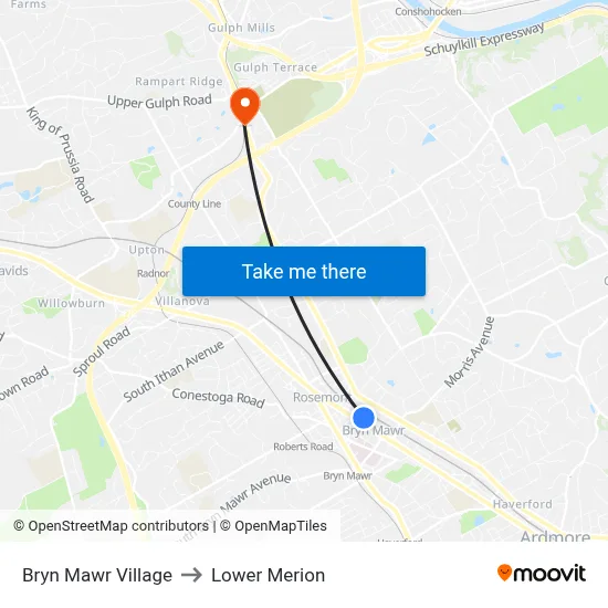 Bryn Mawr Village to Lower Merion map