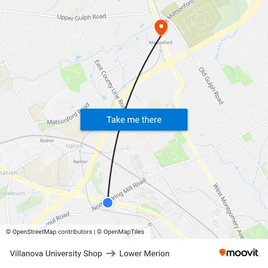 Villanova University Shop to Lower Merion map