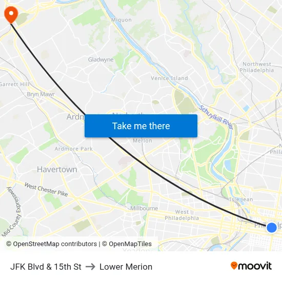 JFK Blvd & 15th St to Lower Merion map