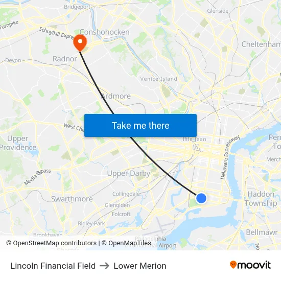 Lincoln Financial Field to Lower Merion map