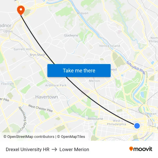 Drexel University HR to Lower Merion map