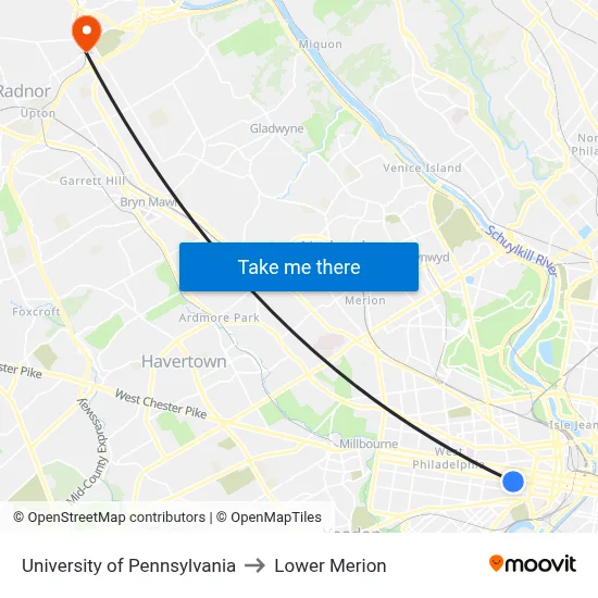 University of Pennsylvania to Lower Merion map