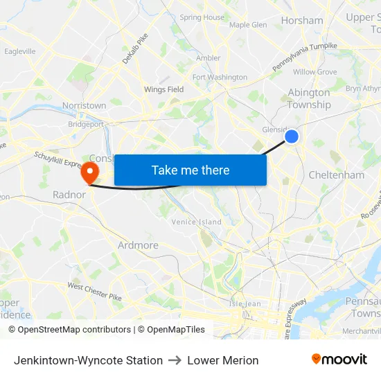 Jenkintown-Wyncote Station to Lower Merion map