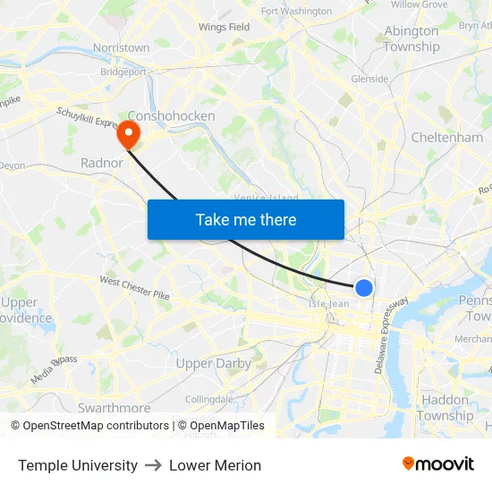 Temple University to Lower Merion map