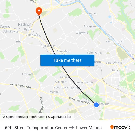 69th Street Transportation Center to Lower Merion map