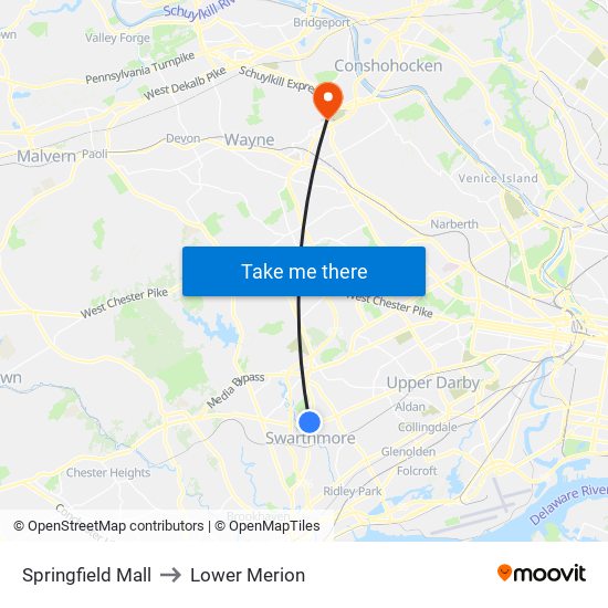 Springfield Mall to Lower Merion map