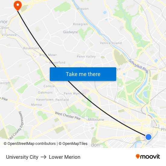 University City to Lower Merion map