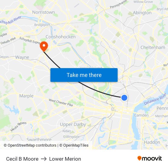 Cecil B Moore to Lower Merion map