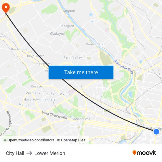 City Hall to Lower Merion map