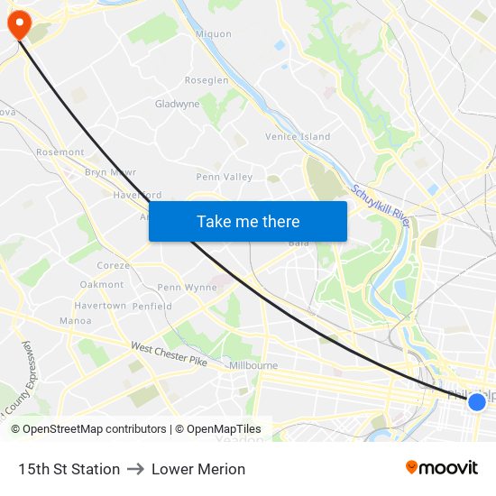 15th St Station to Lower Merion map