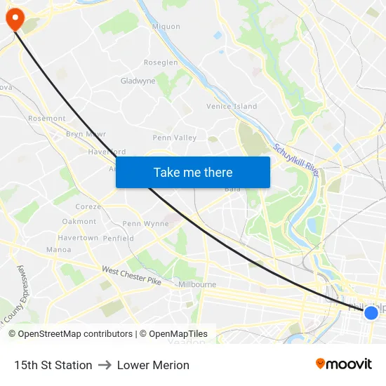 15th St Station to Lower Merion map