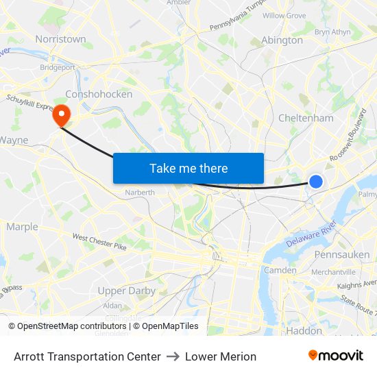 Arrott Transportation Center to Lower Merion map