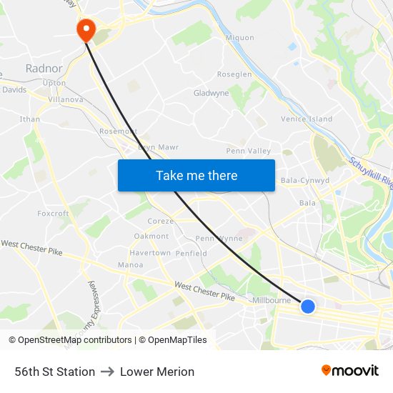 56th St Station to Lower Merion map