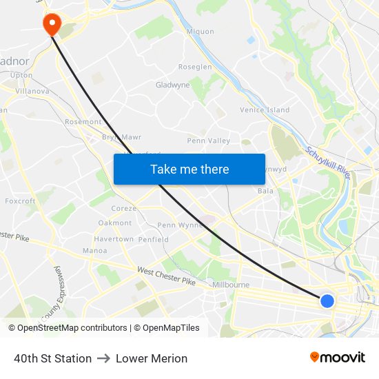 40th St Station to Lower Merion map